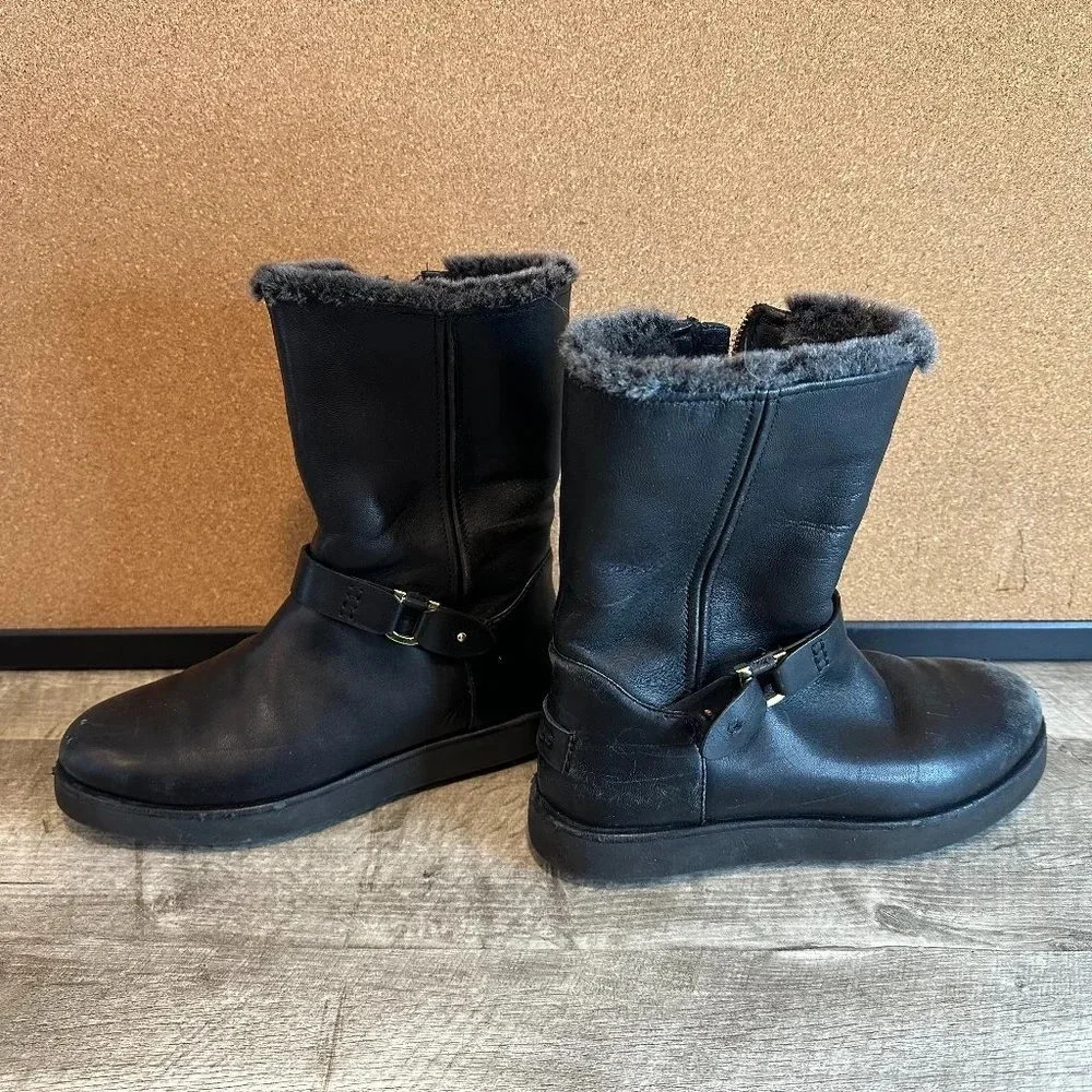 UGG Classic Berge Women Short BOOTS Leather Black Size 7 - Heavy Wear